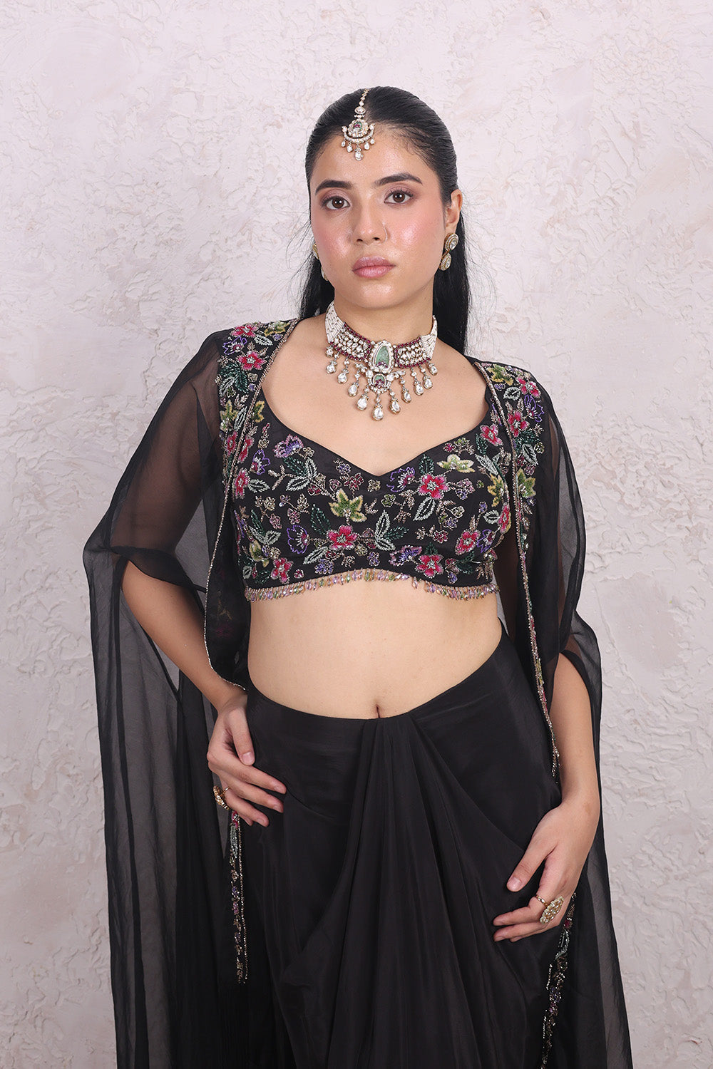 Black Draped Skirt with Multi Colour Embellished Top and Organza Cape set