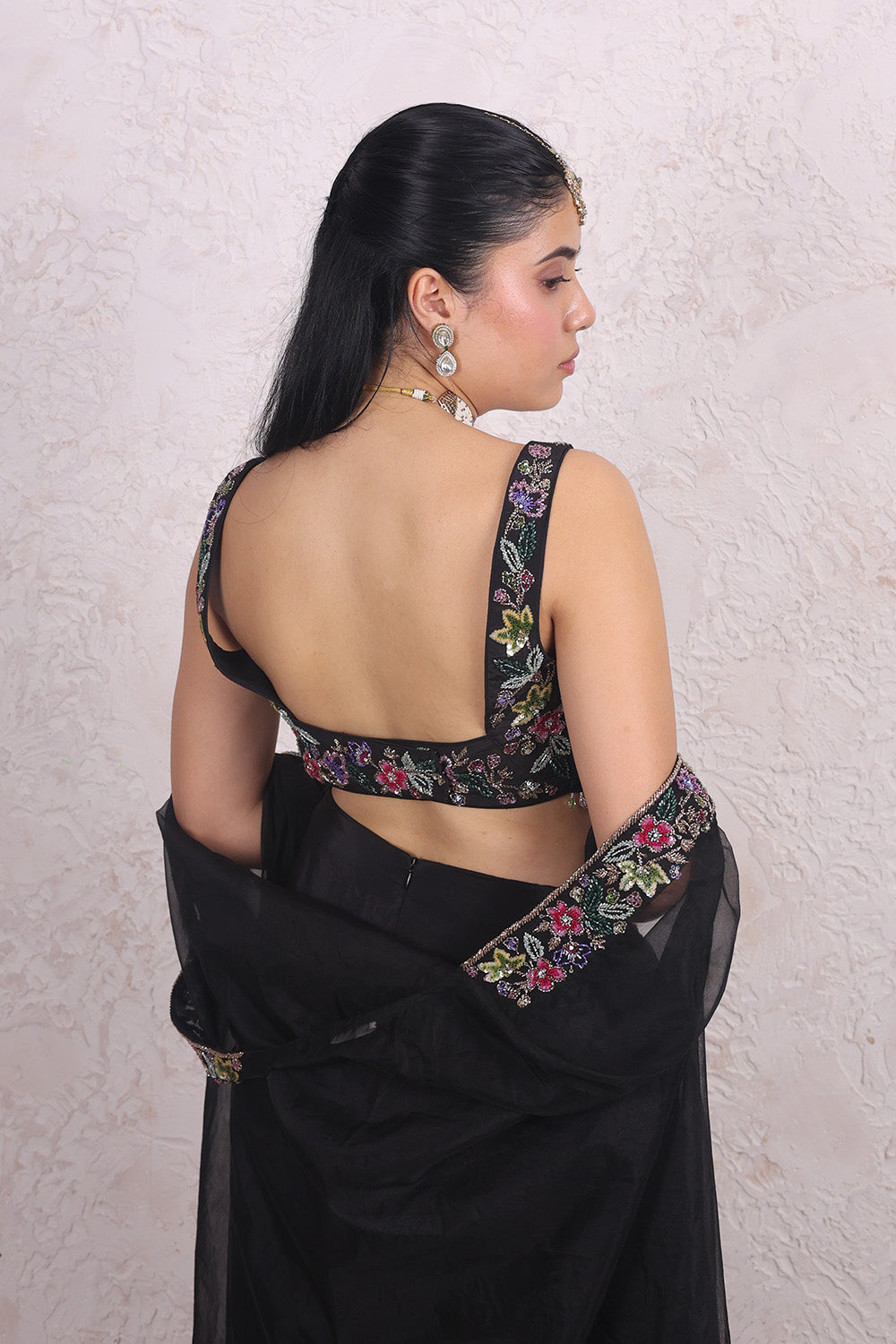 Black Draped Skirt with Multi Colour Embellished Top and Organza Cape set