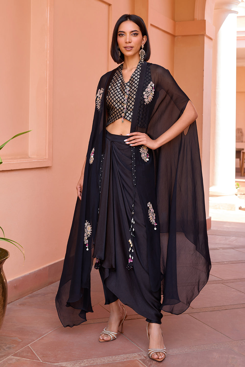 Black embroidered cape with waistcoat and drape skirt