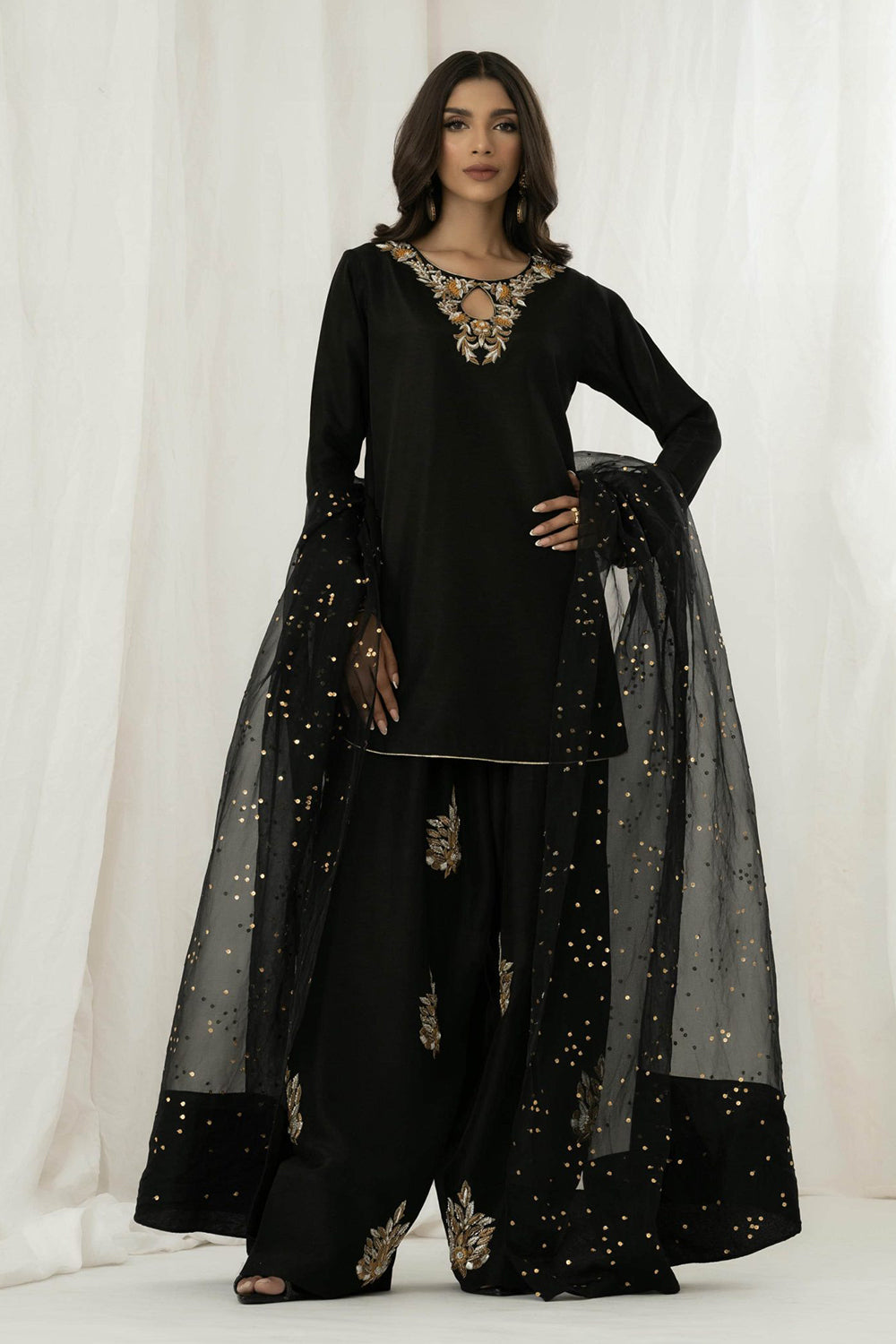 Black Embroidered Kurta Farshi Salwar Set with Dupatta