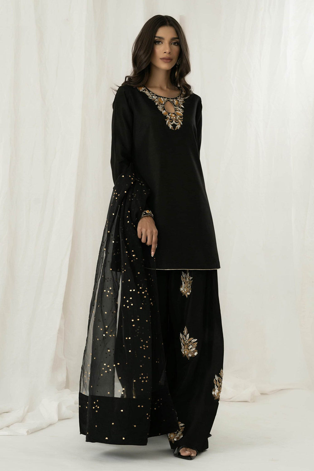 Black Embroidered Kurta Farshi Salwar Set with Dupatta