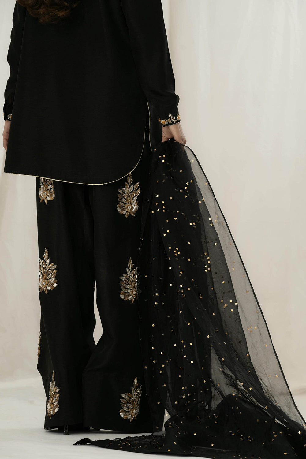Black Embroidered Kurta Farshi Salwar Set with Dupatta