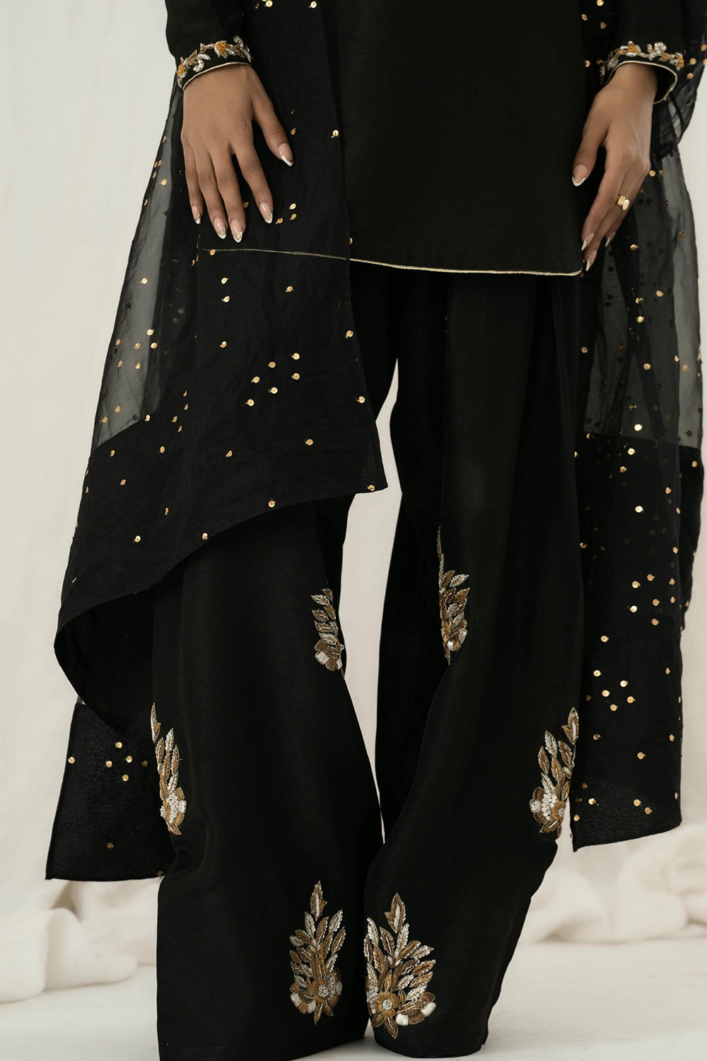 Black Embroidered Kurta Farshi Salwar Set with Dupatta