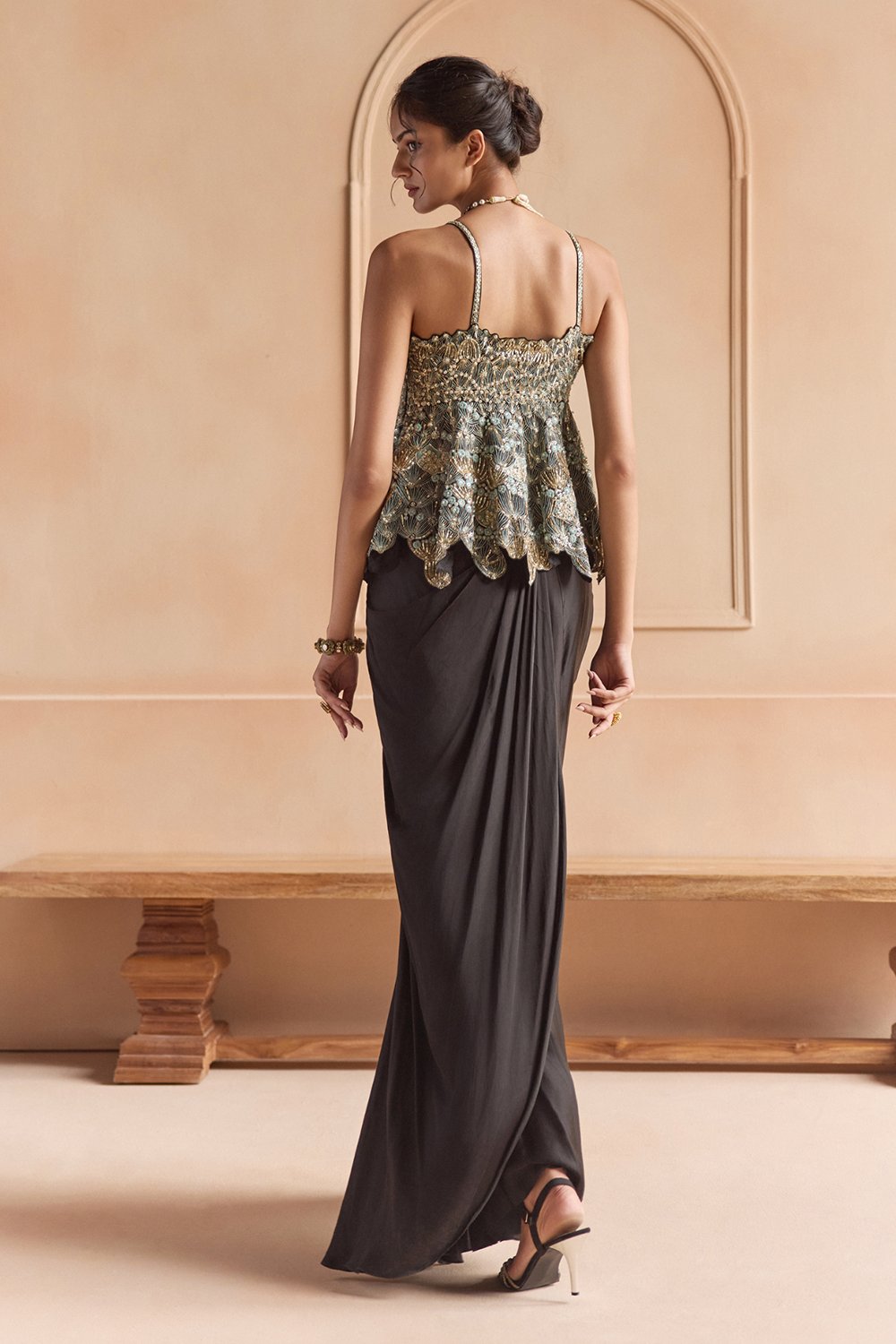 Black Embroidered Peplum Set