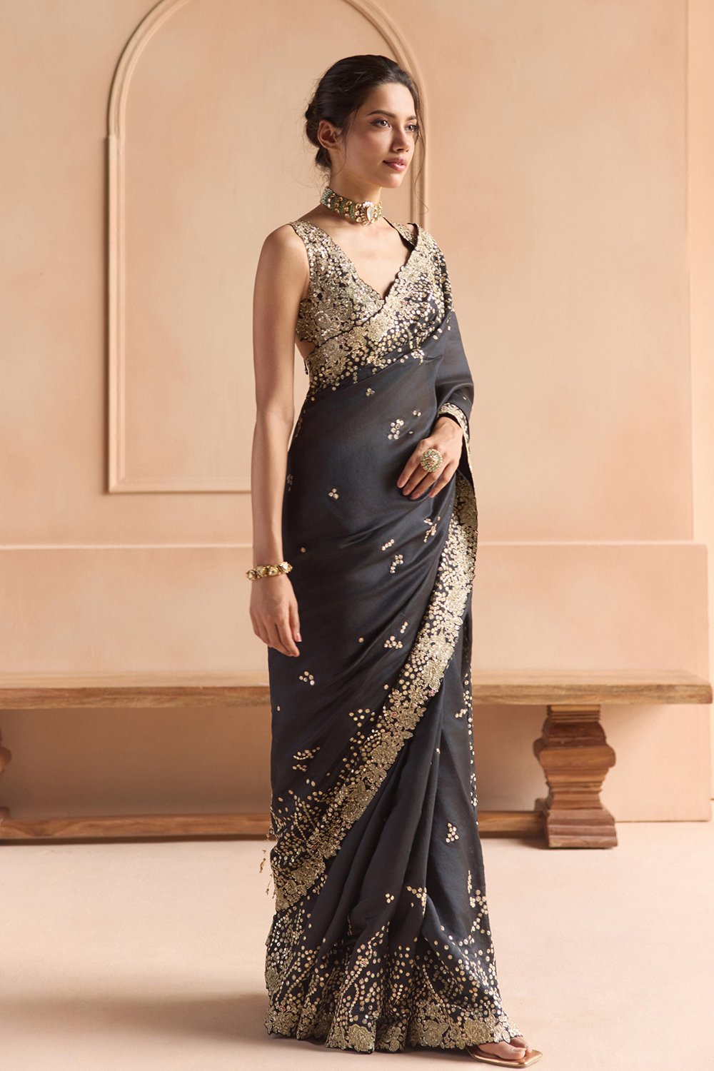 Black Embroidered Saree Set