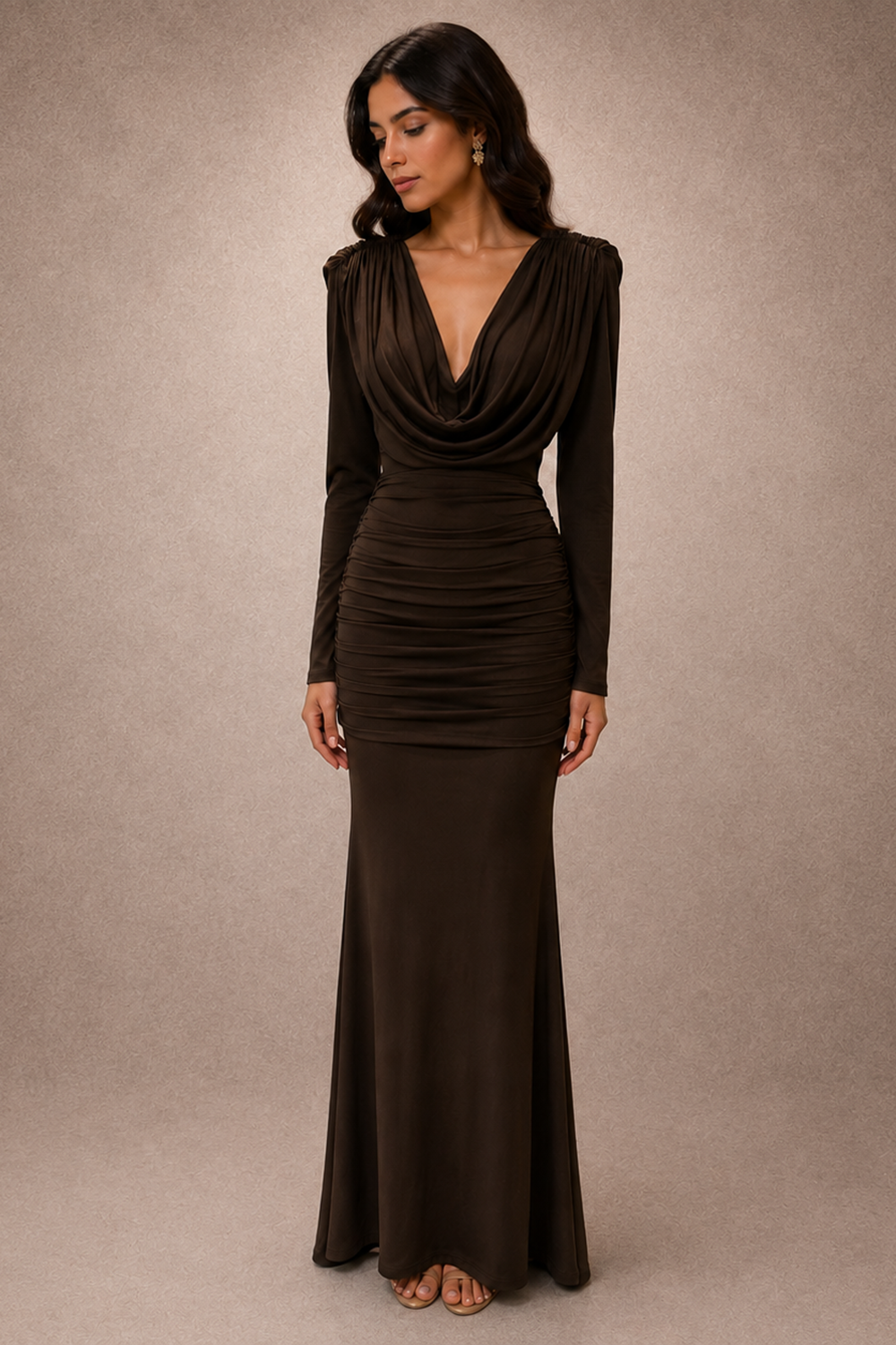 Brown Evening Gown with Full Sleeves