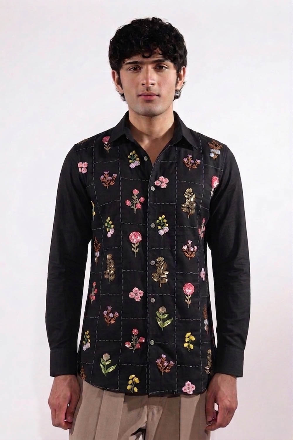 Black Floral Embroidered Shirt