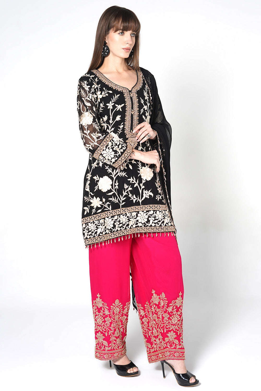 Black Georgette Kurta Set With Contrast Magenta Pink Embroidered Straight Pants
