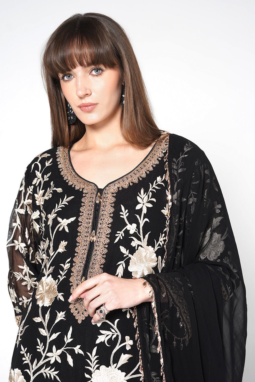 Black Georgette Kurta Set With Contrast Magenta Pink Embroidered Straight Pants