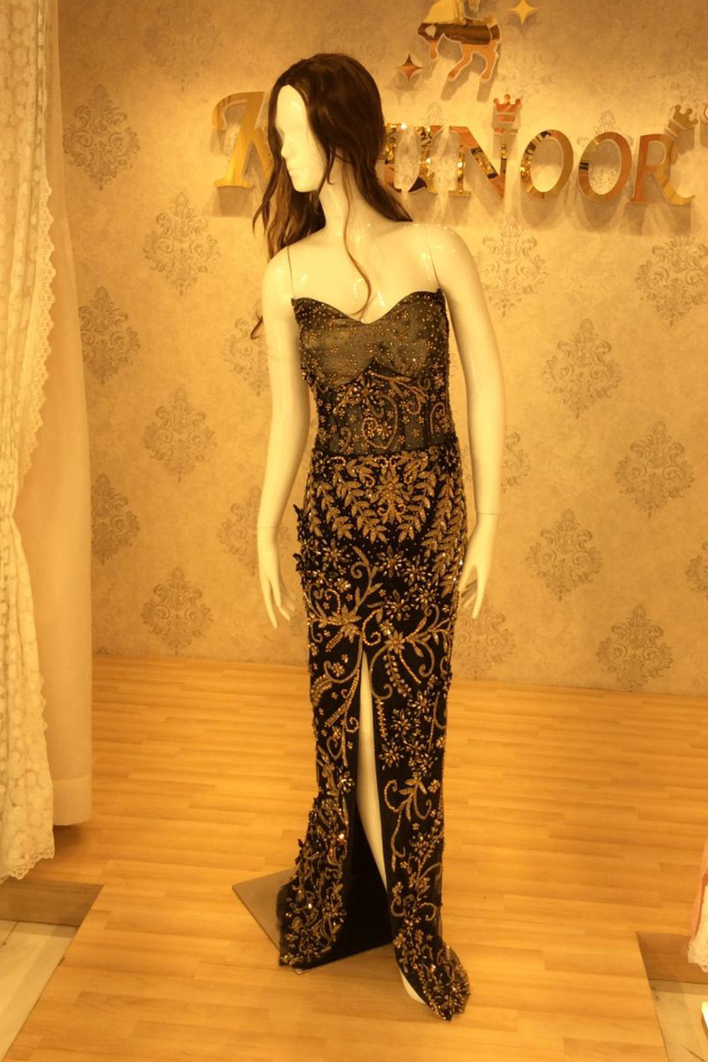 Black & Gold Crystal Embellished Mermaid Gown with Sheer Corset Bodice