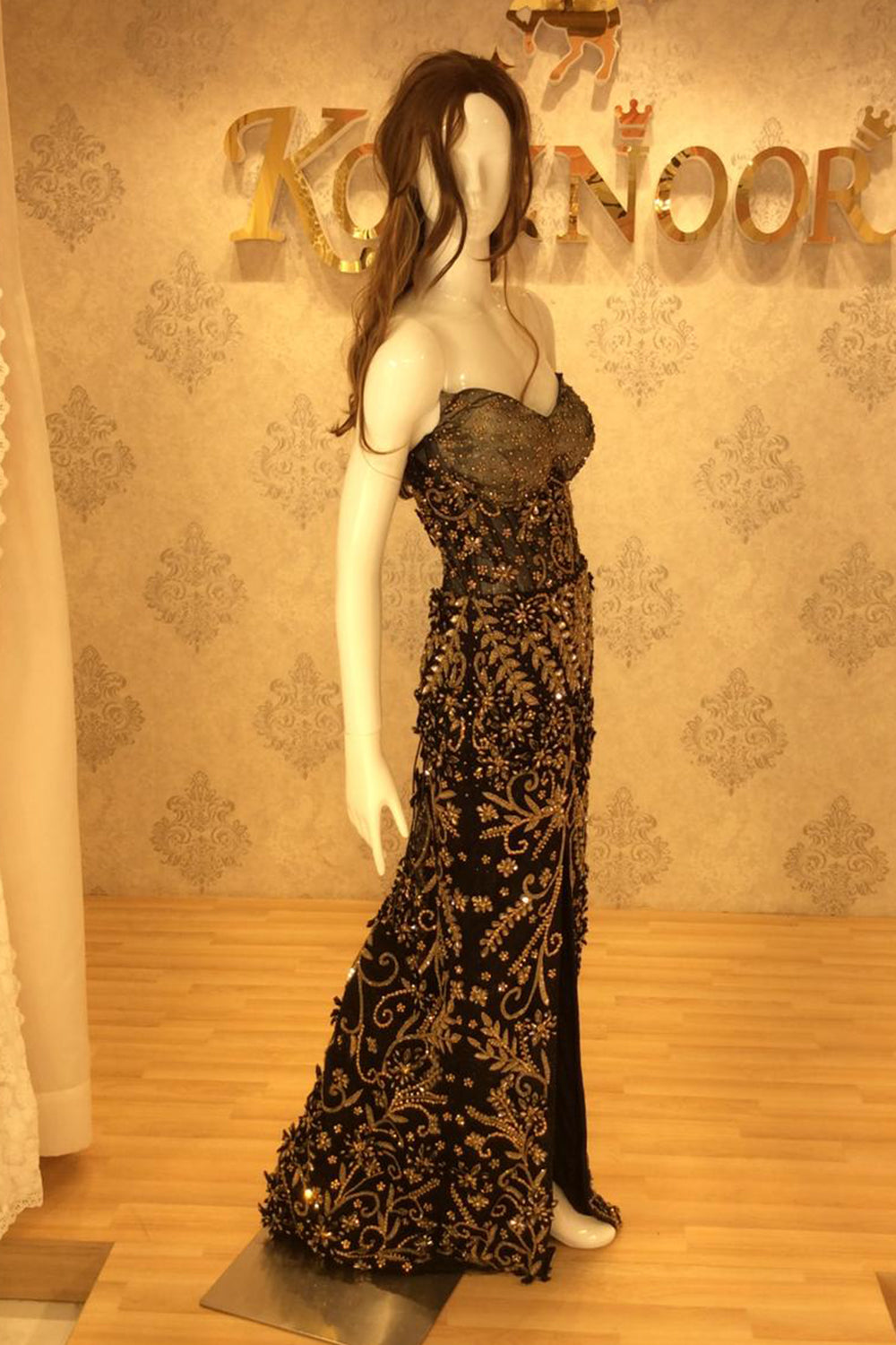 Black & Gold Crystal Embellished Mermaid Gown with Sheer Corset Bodice