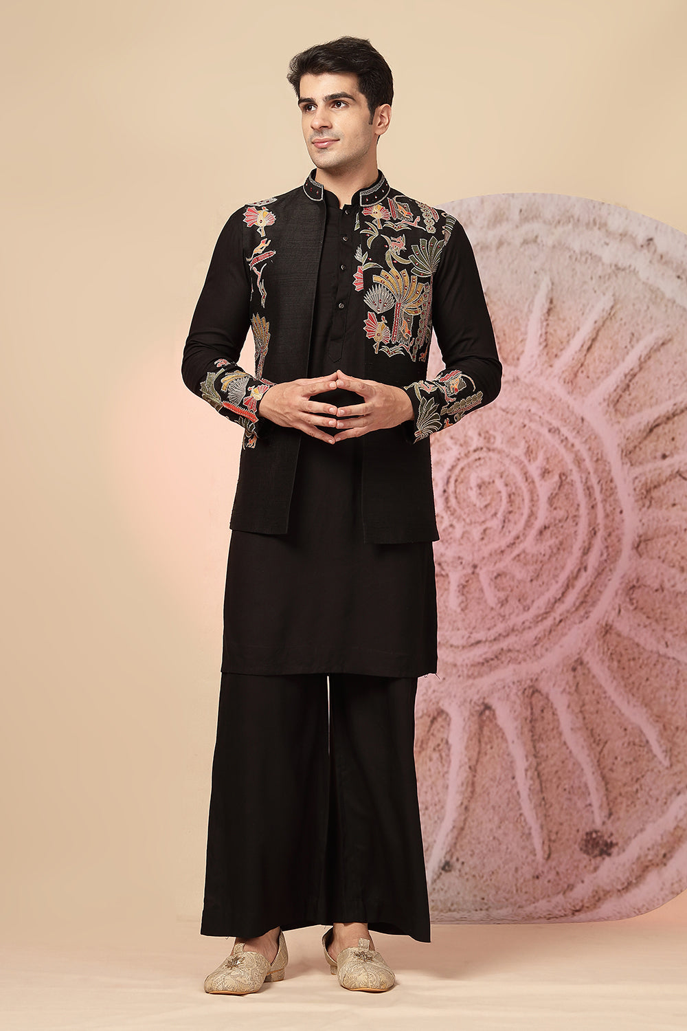 Black Indo-Western Kurta Set With Embroidered Nehru Jacket