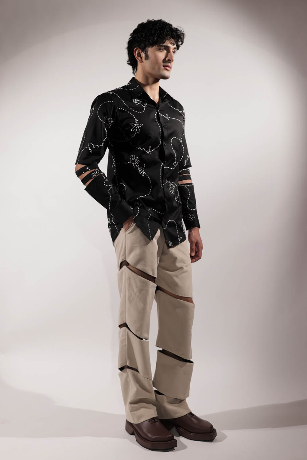 Black Kantha Embroidered shirt with levitating details on sleeves