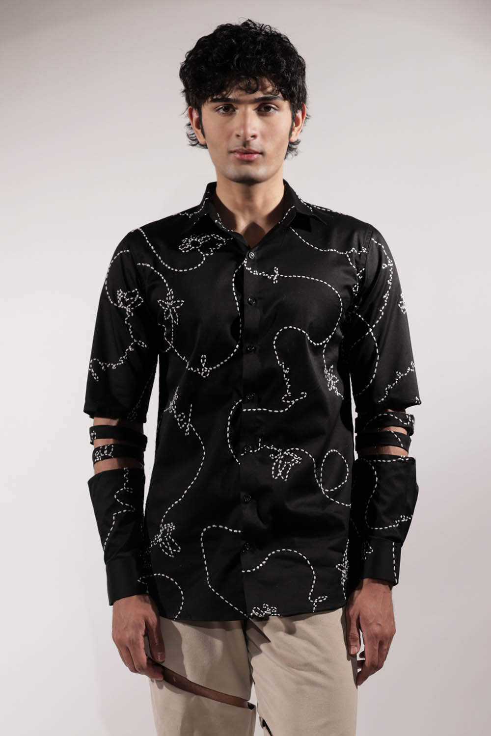 Black Kantha Embroidered shirt with levitating details on sleeves