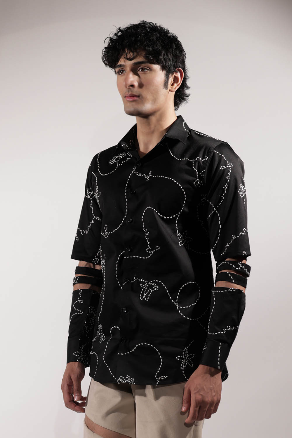 Black Kantha Embroidered shirt with levitating details on sleeves