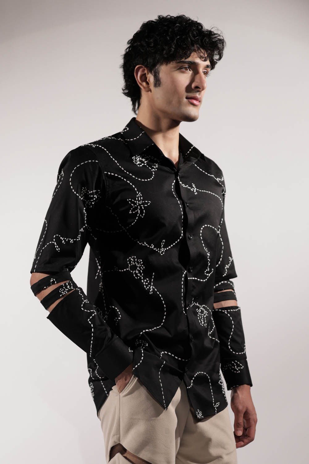 Black Kantha Embroidered shirt with levitating details on sleeves