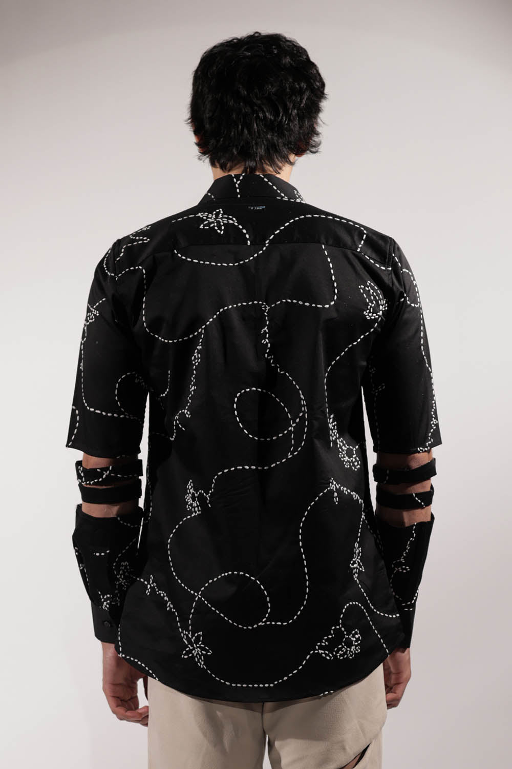 Black Kantha Embroidered shirt with levitating details on sleeves
