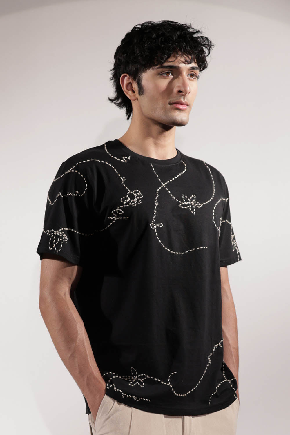 Black Kantha Embroidered T-shirt