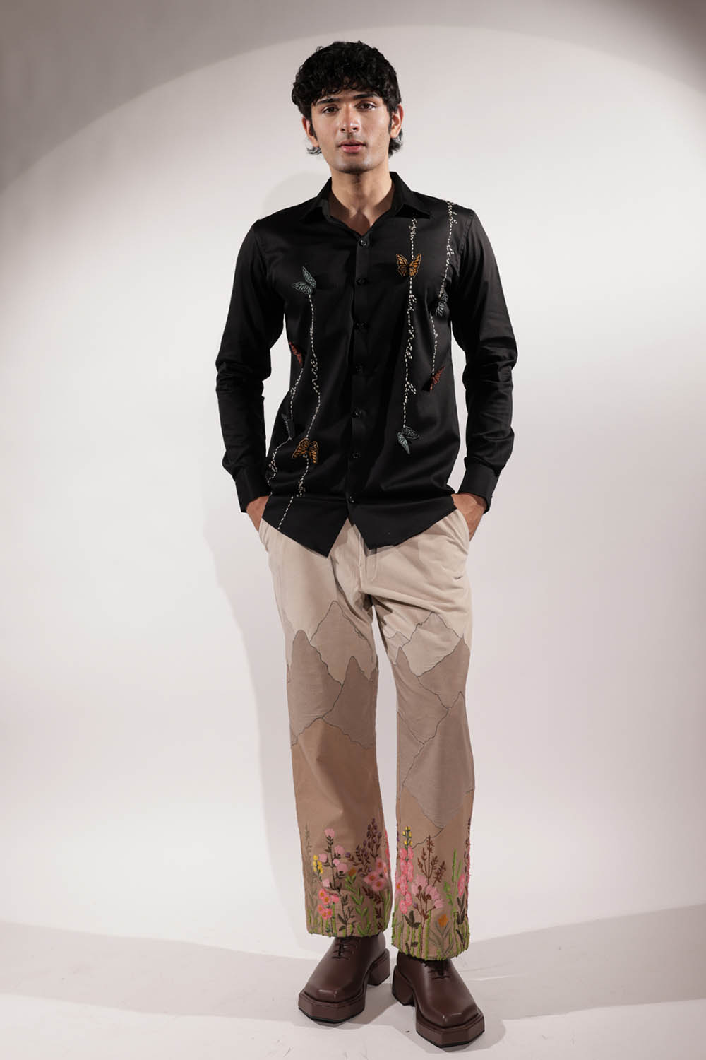 Black Kantha Shirt with 3D Butterflies