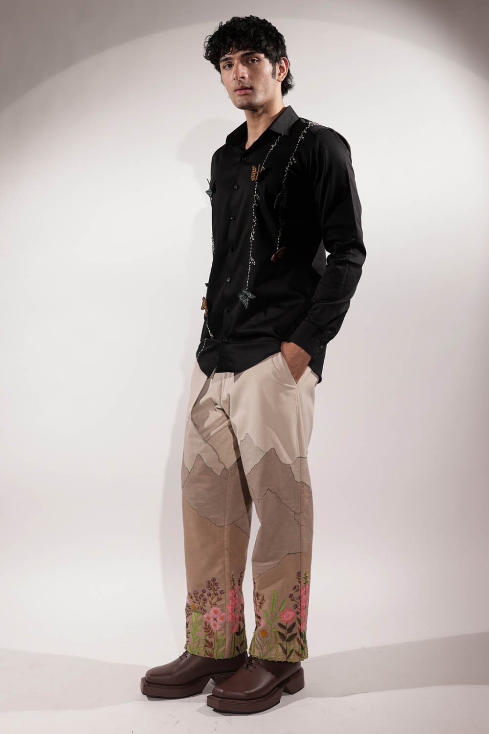 Black Kantha Shirt with 3D Butterflies
