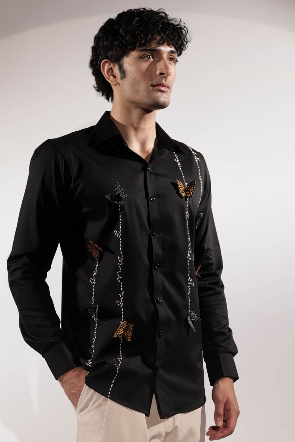 Black Kantha Shirt with 3D Butterflies