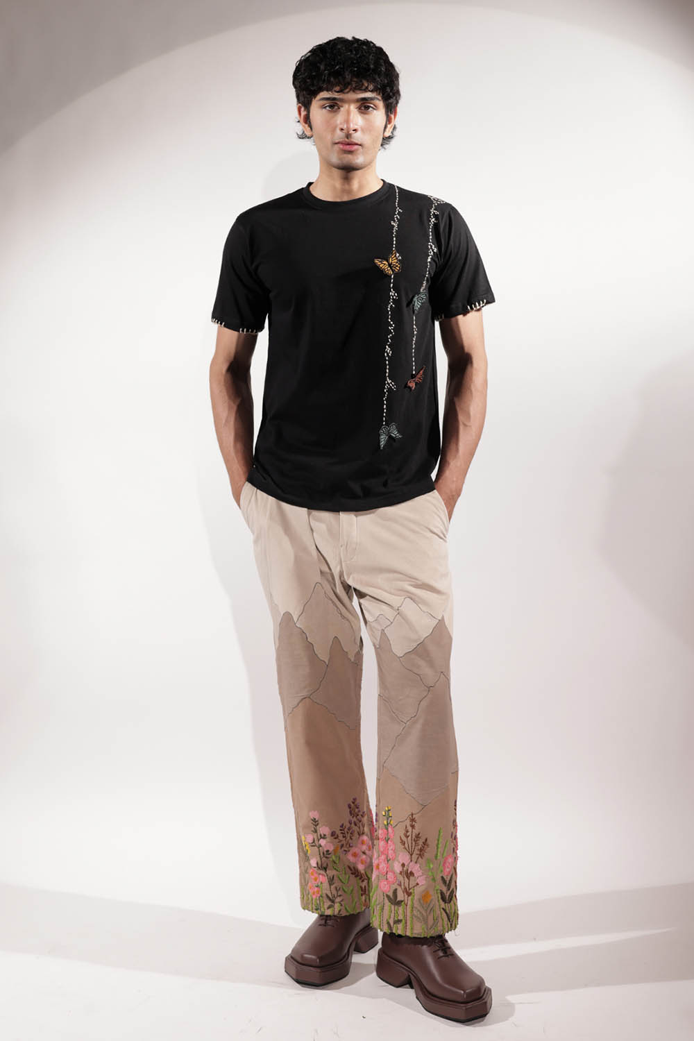 Black Kantha T-shirt with 3D Butterflies