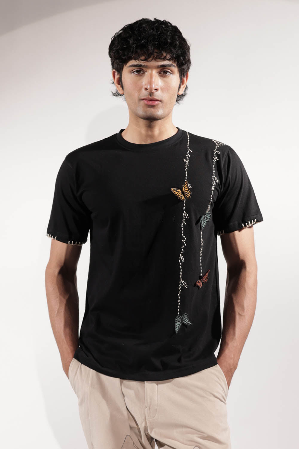 Black Kantha T-shirt with 3D Butterflies