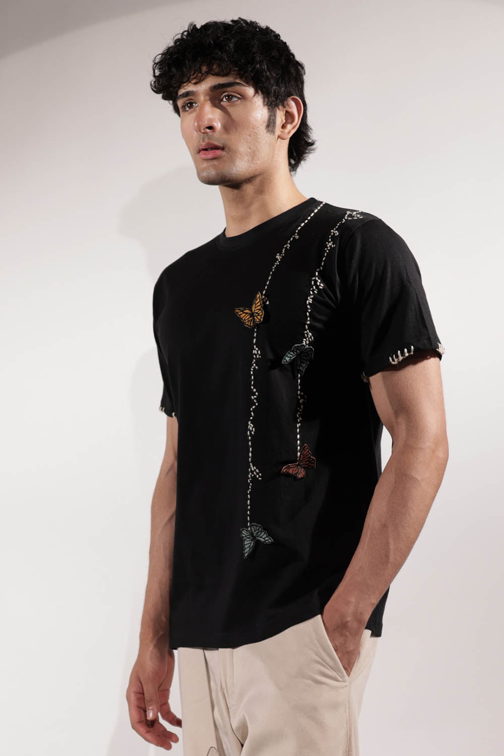 Black Kantha T-shirt with 3D Butterflies