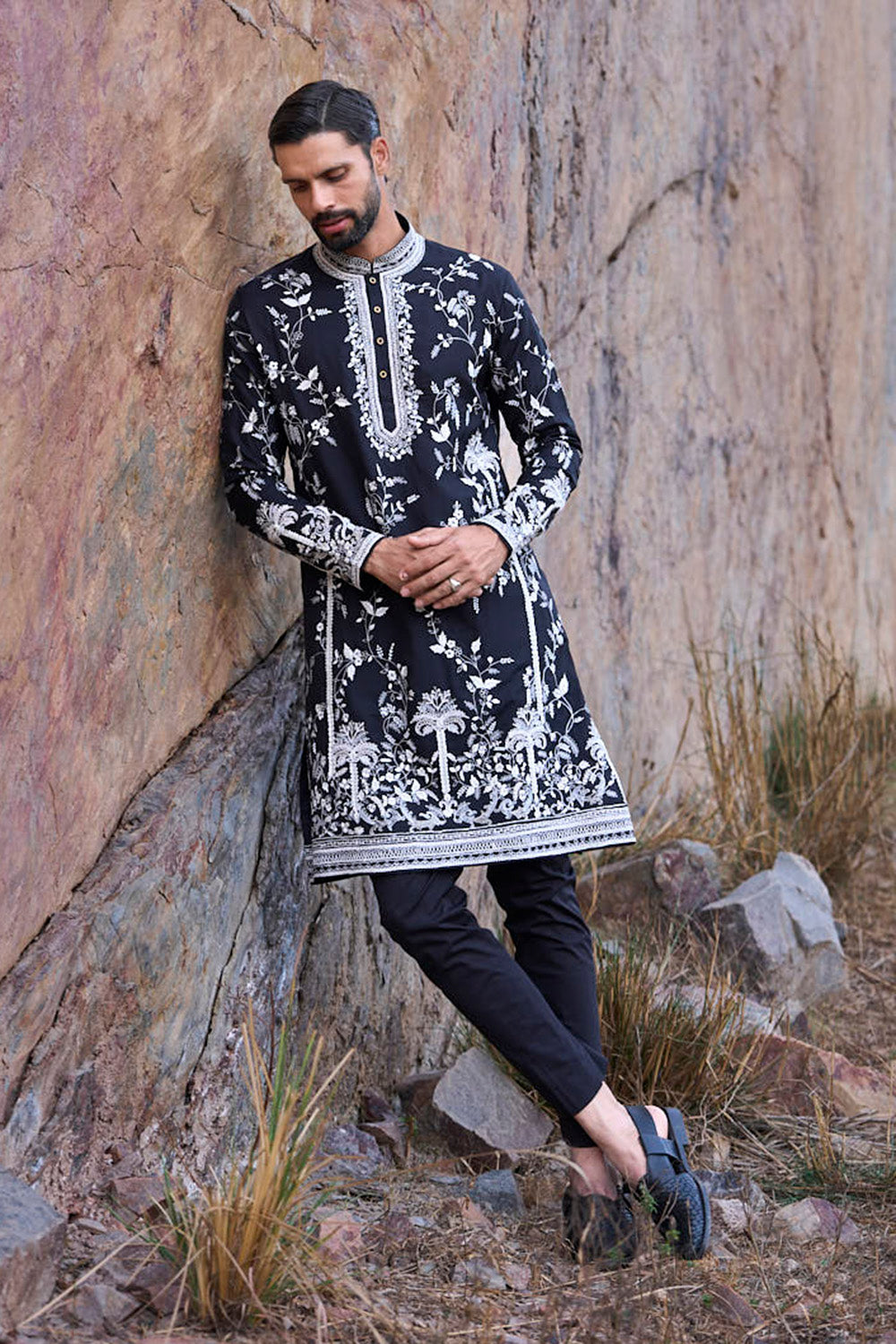Black Long Palm Tree Kurta Set