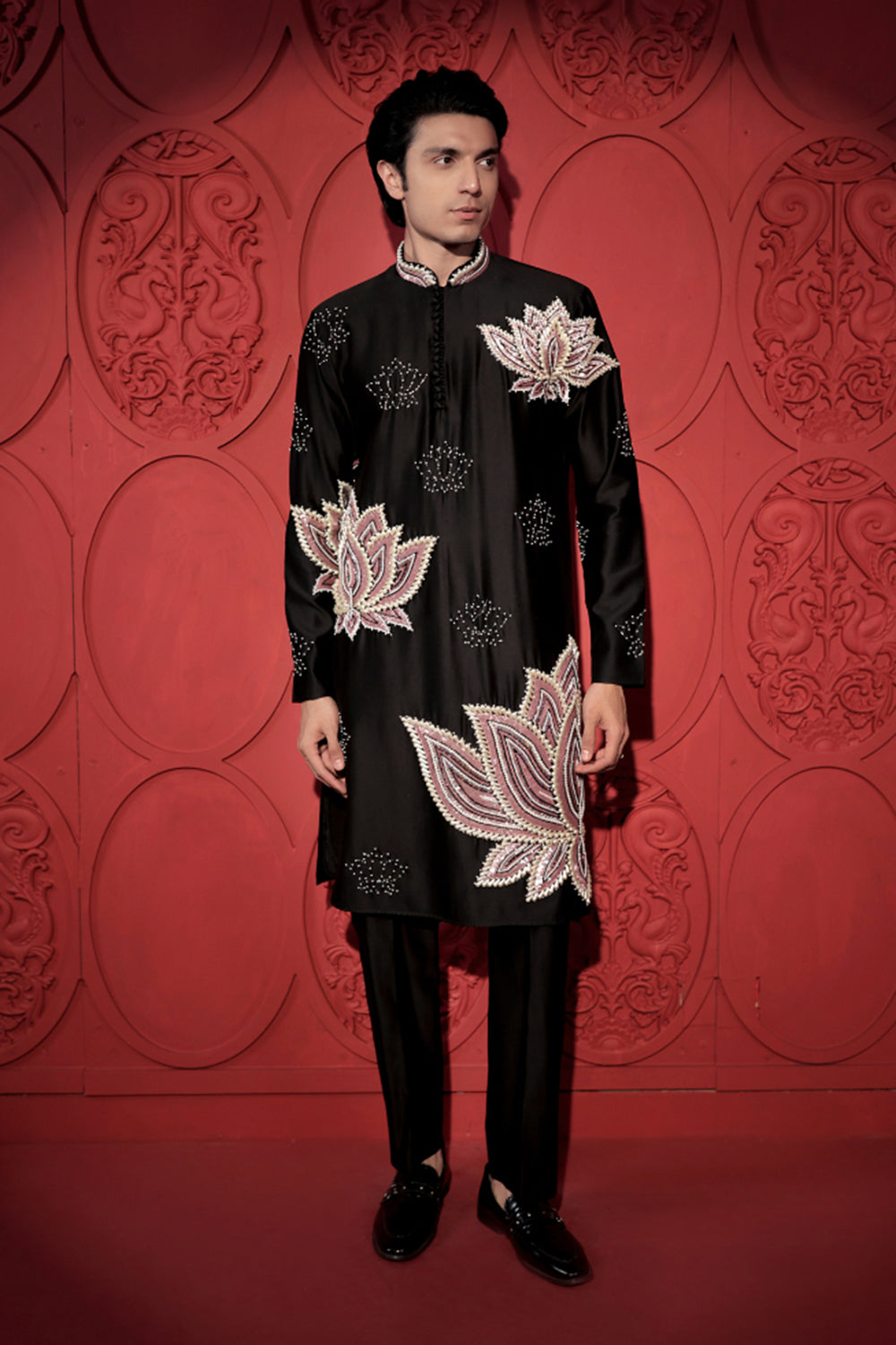 Black Lotus Embroidered Kurta Set
