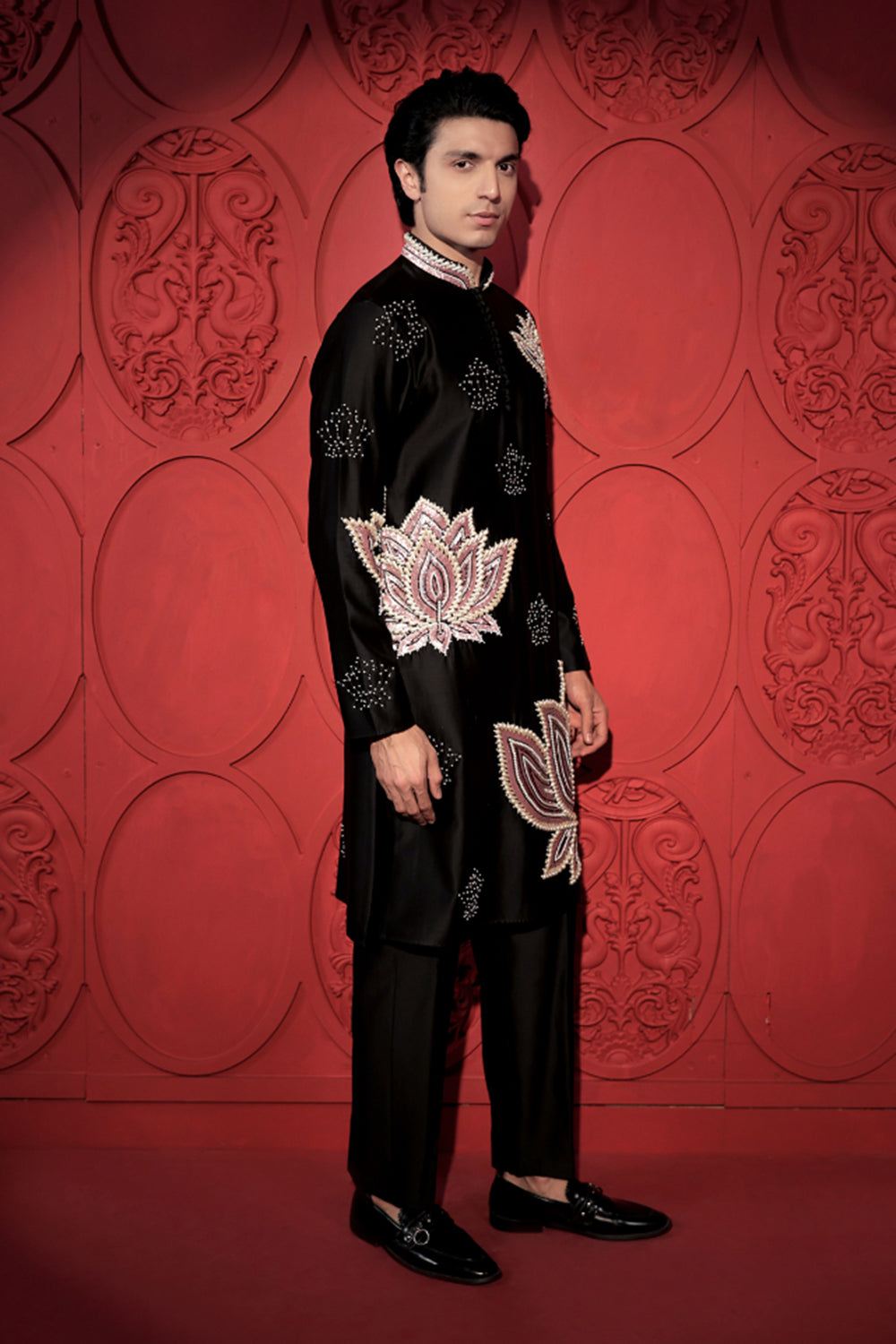 Black Lotus Embroidered Kurta Set