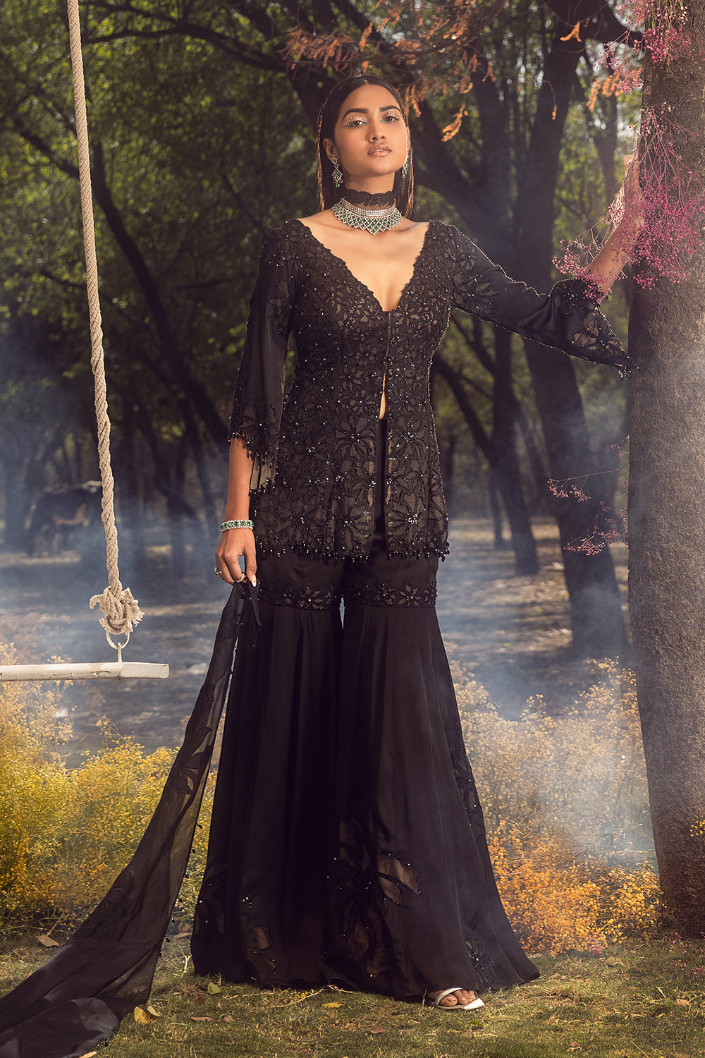 Black Nude Peplum Garara Set With Bustier