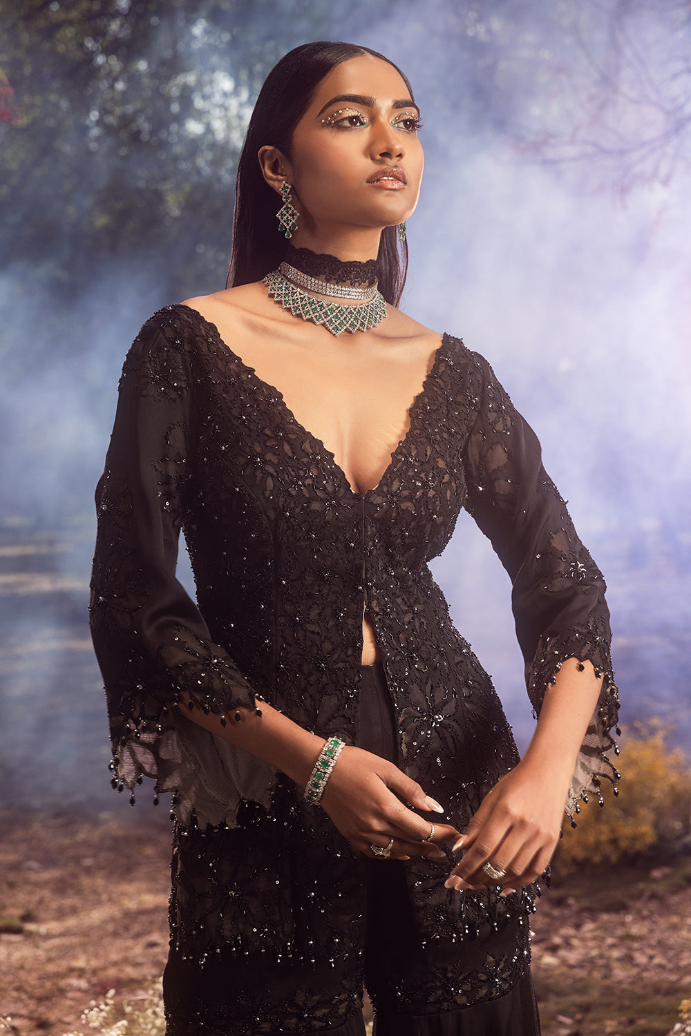 Black Nude Peplum Garara Set With Bustier