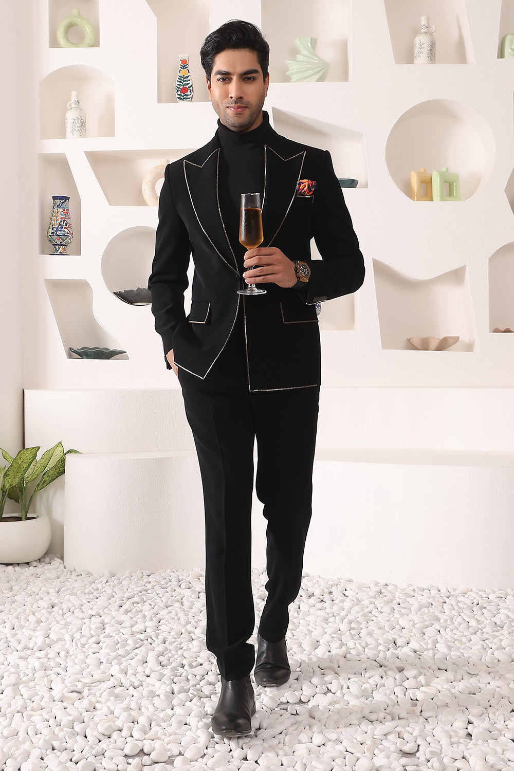 Black Peak Lapel Suit with Zari Details