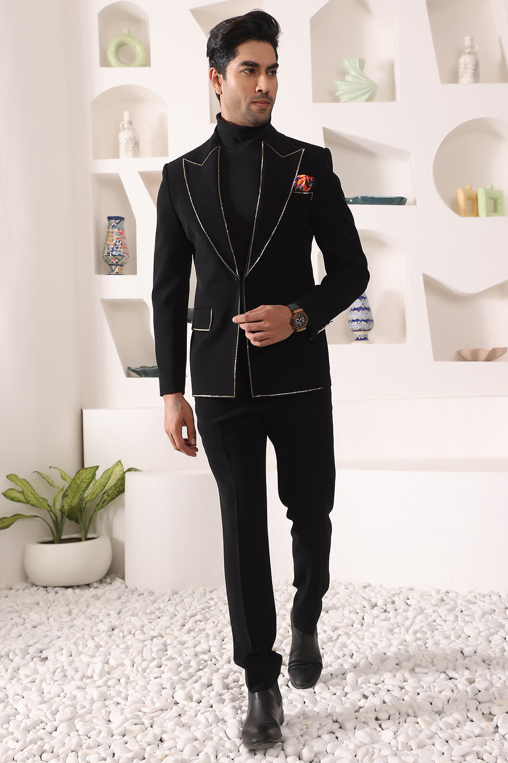 Black Peak Lapel Suit with Zari Details