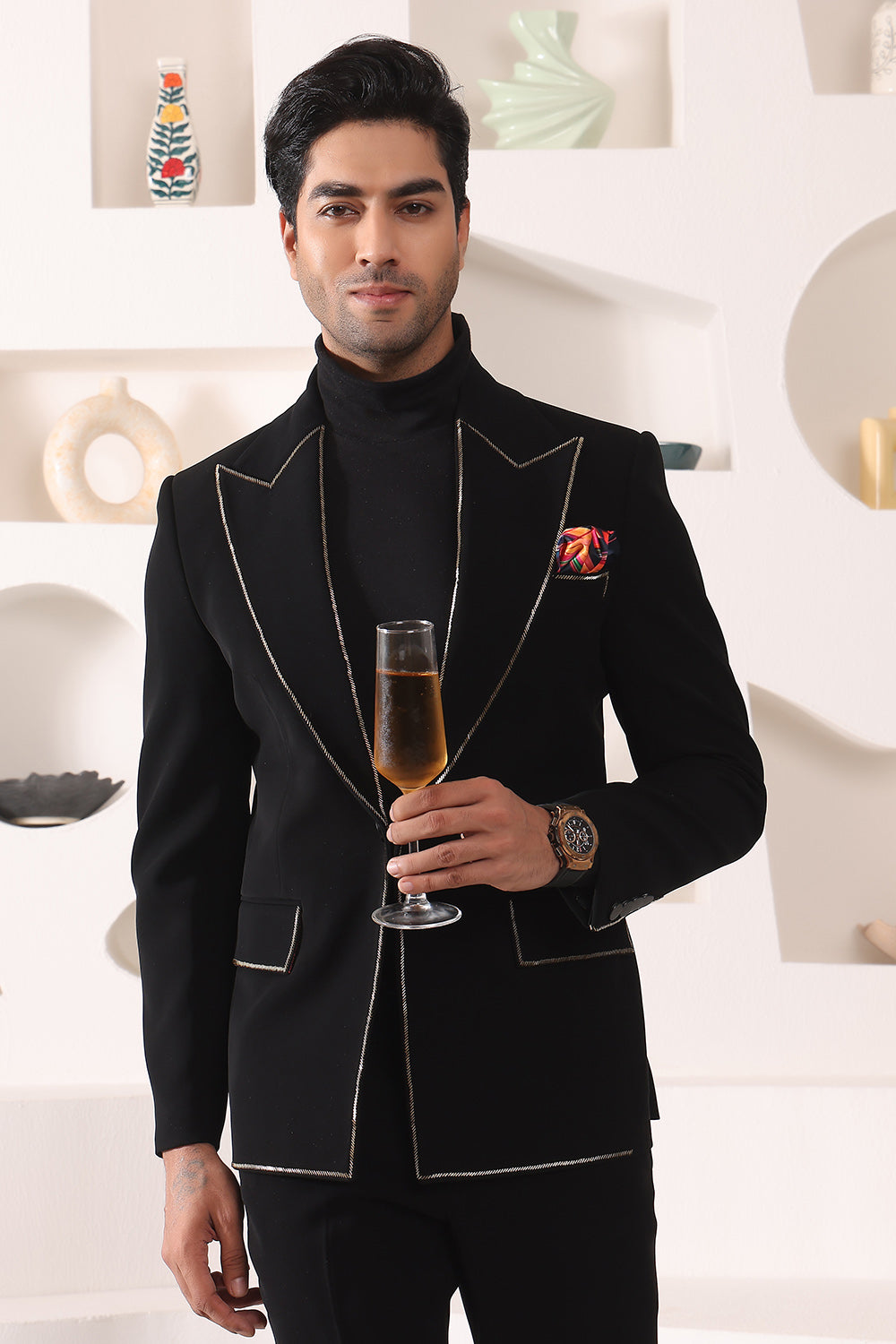 Black Peak Lapel Suit with Zari Details