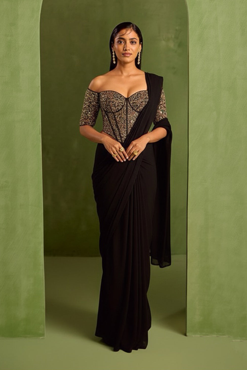 Black Pre Draped Saree Set