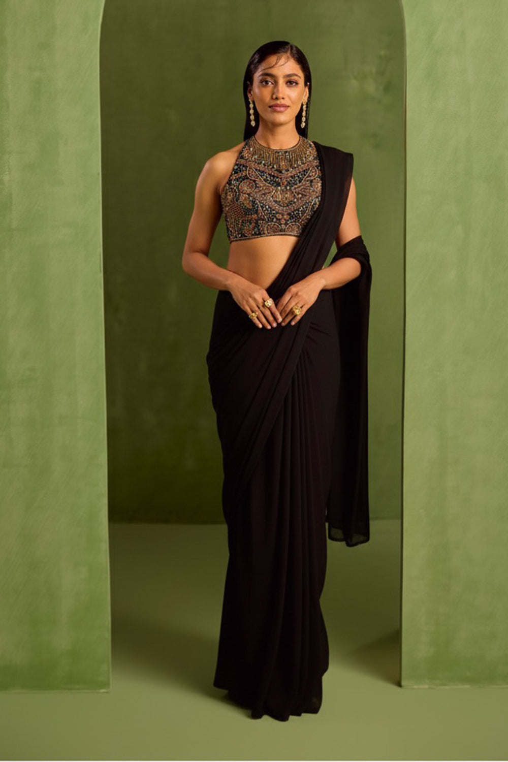 Black Pre Draped Saree Set