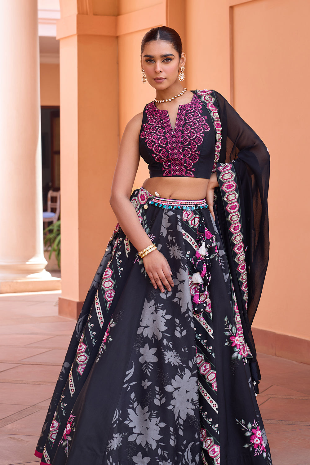 Black printed and embroidered lehenga set