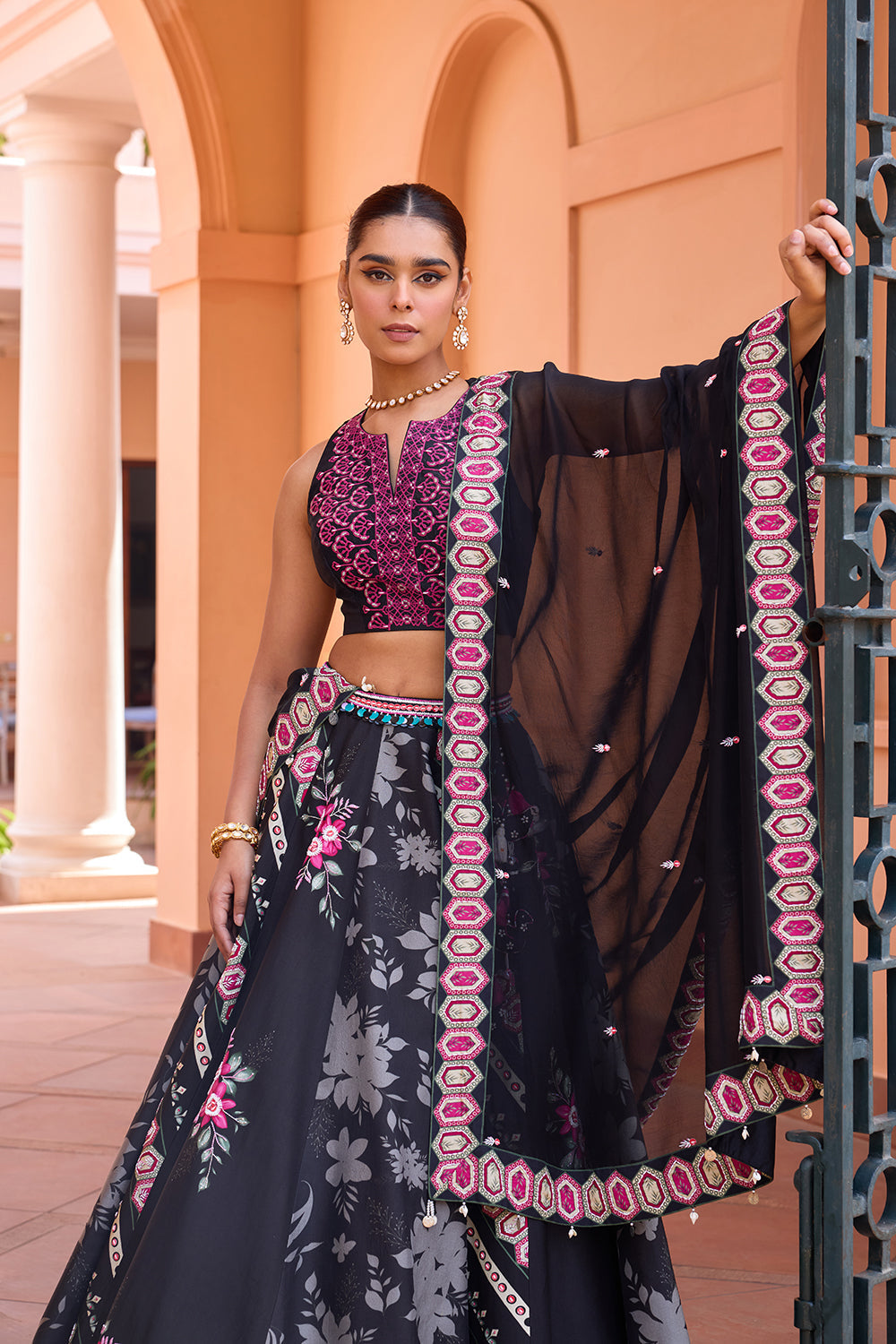 Black printed and embroidered lehenga set