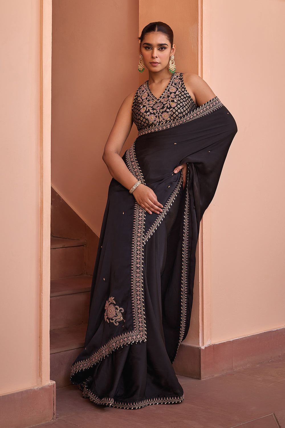 Black pure satin embroidered saree set