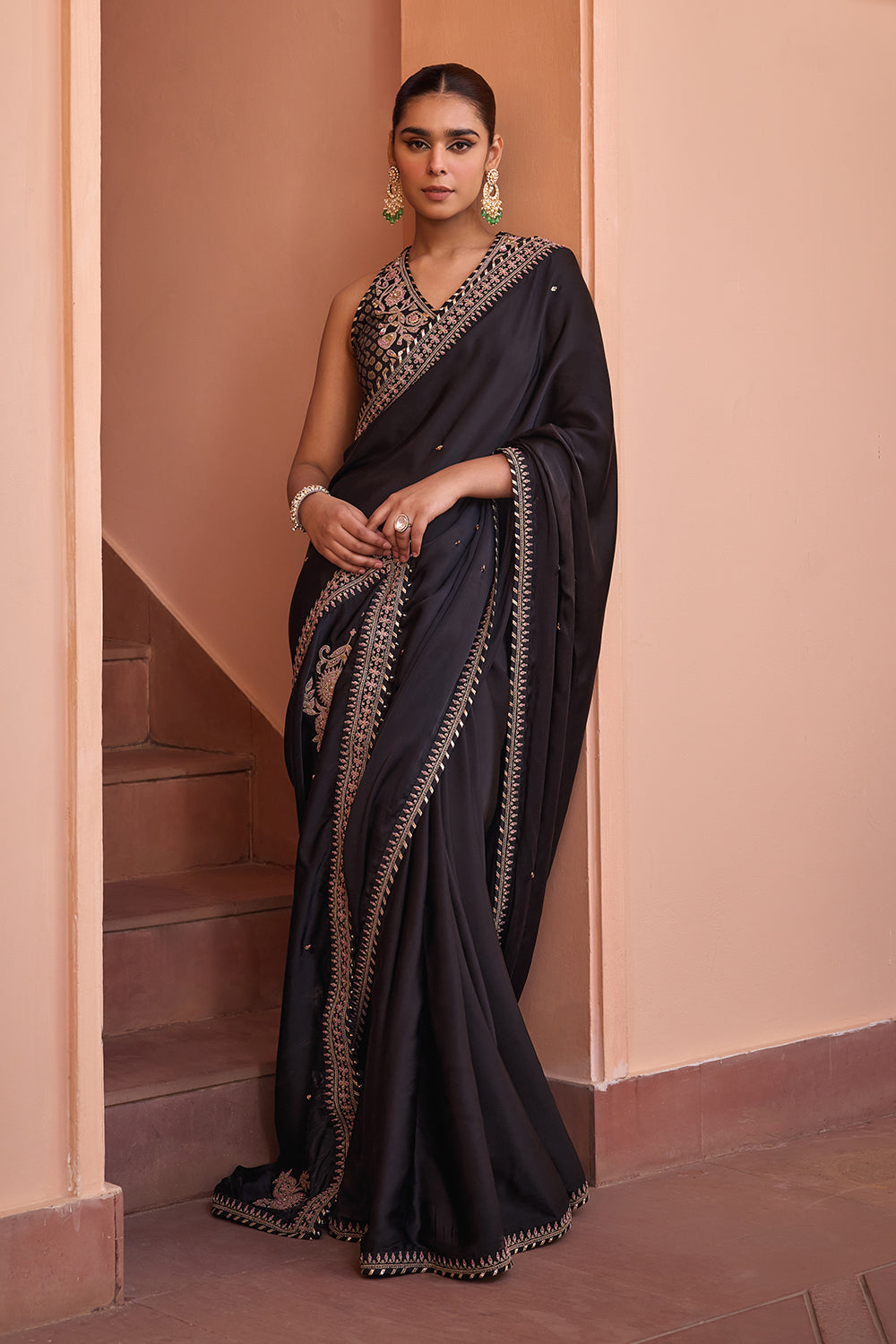 Black pure satin embroidered saree set