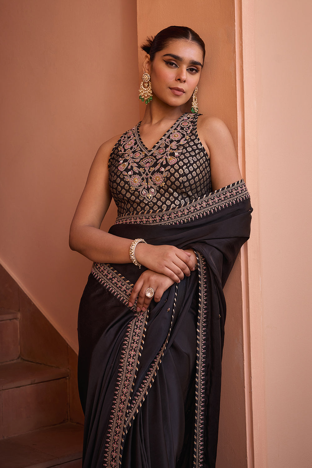 Black pure satin embroidered saree set