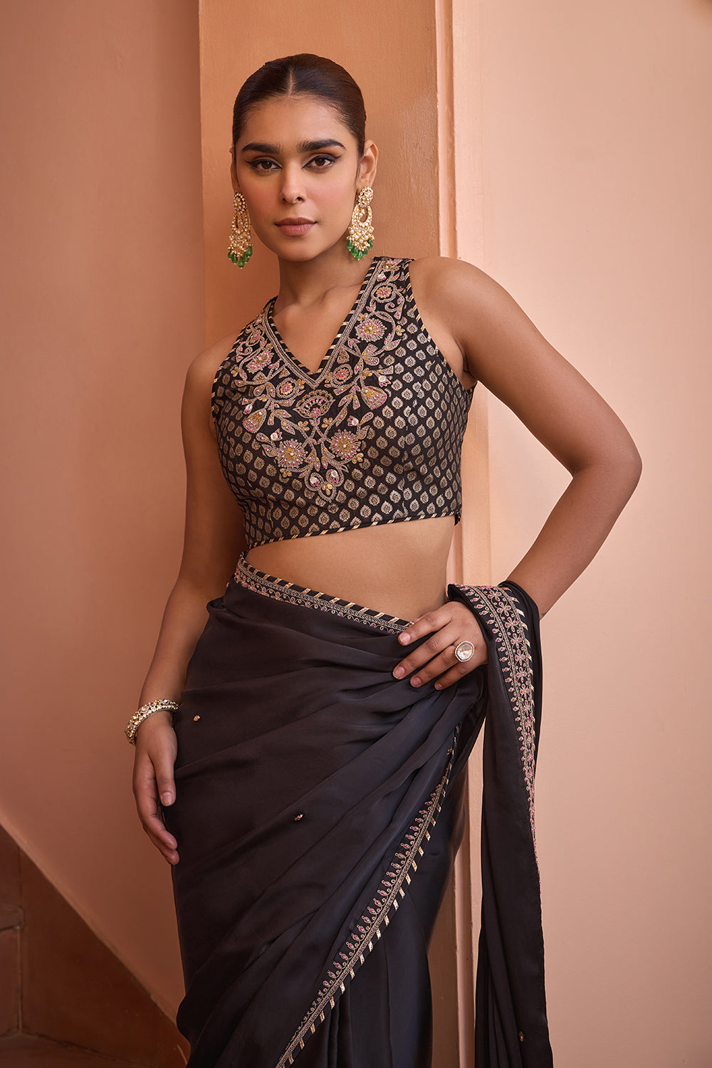 Black pure satin embroidered saree set