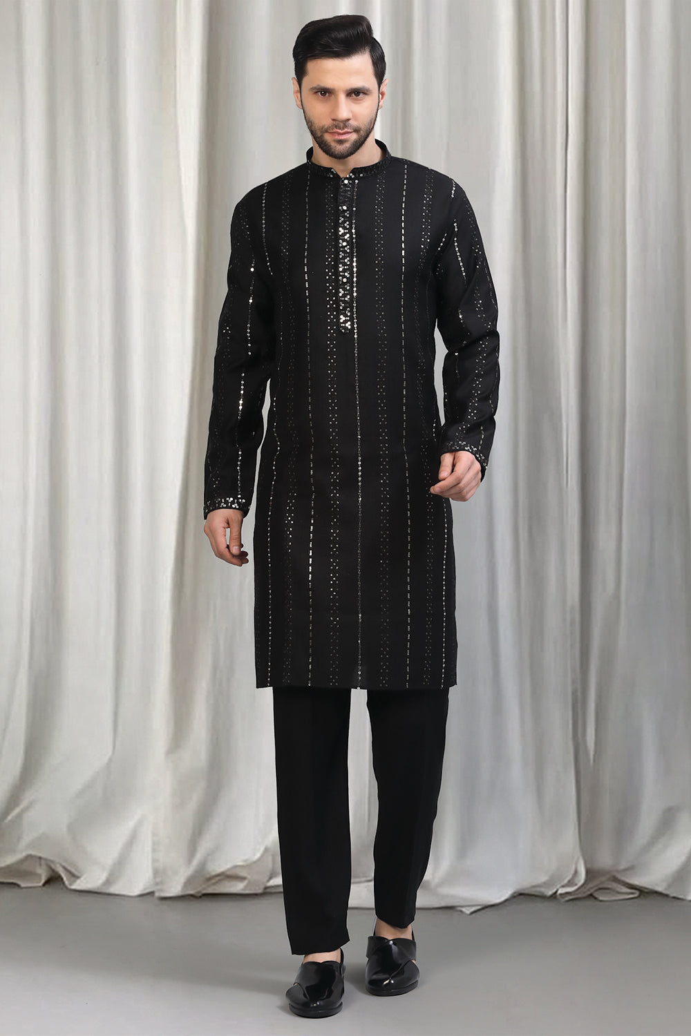 Black Silver  Stripe  Embroidered Kurta Set With Back Elastic Pants