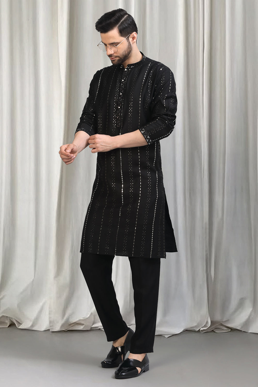 Black Silver  Stripe  Embroidered Kurta Set With Back Elastic Pants
