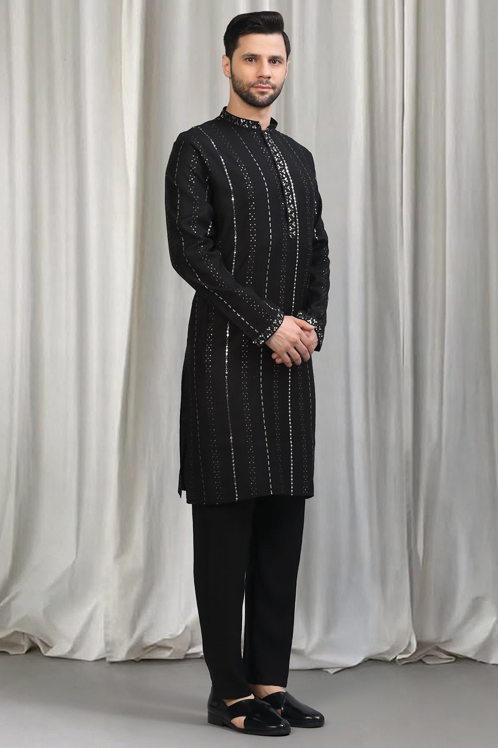 Black Silver  Stripe  Embroidered Kurta Set With Back Elastic Pants