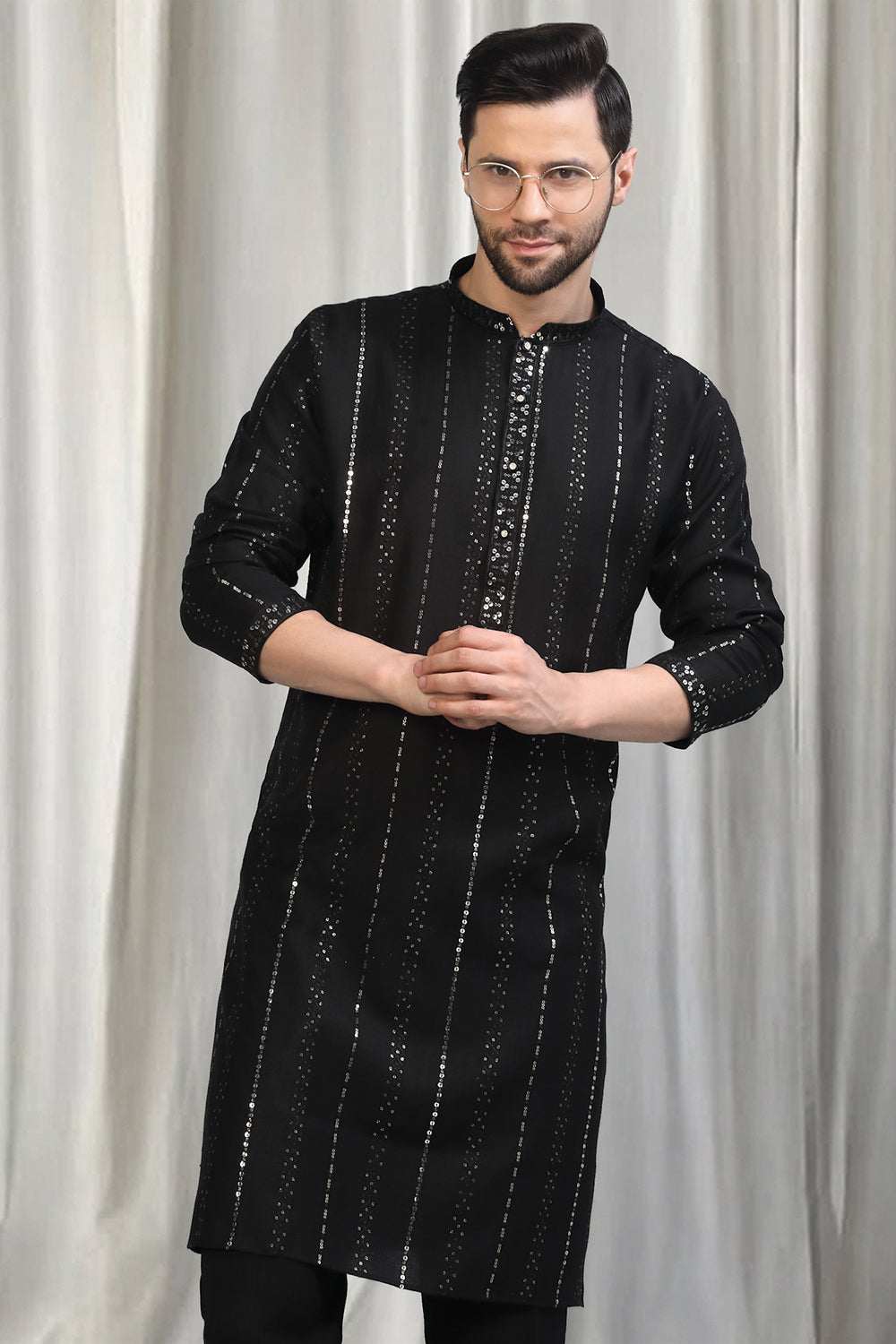 Black Silver  Stripe  Embroidered Kurta Set With Back Elastic Pants
