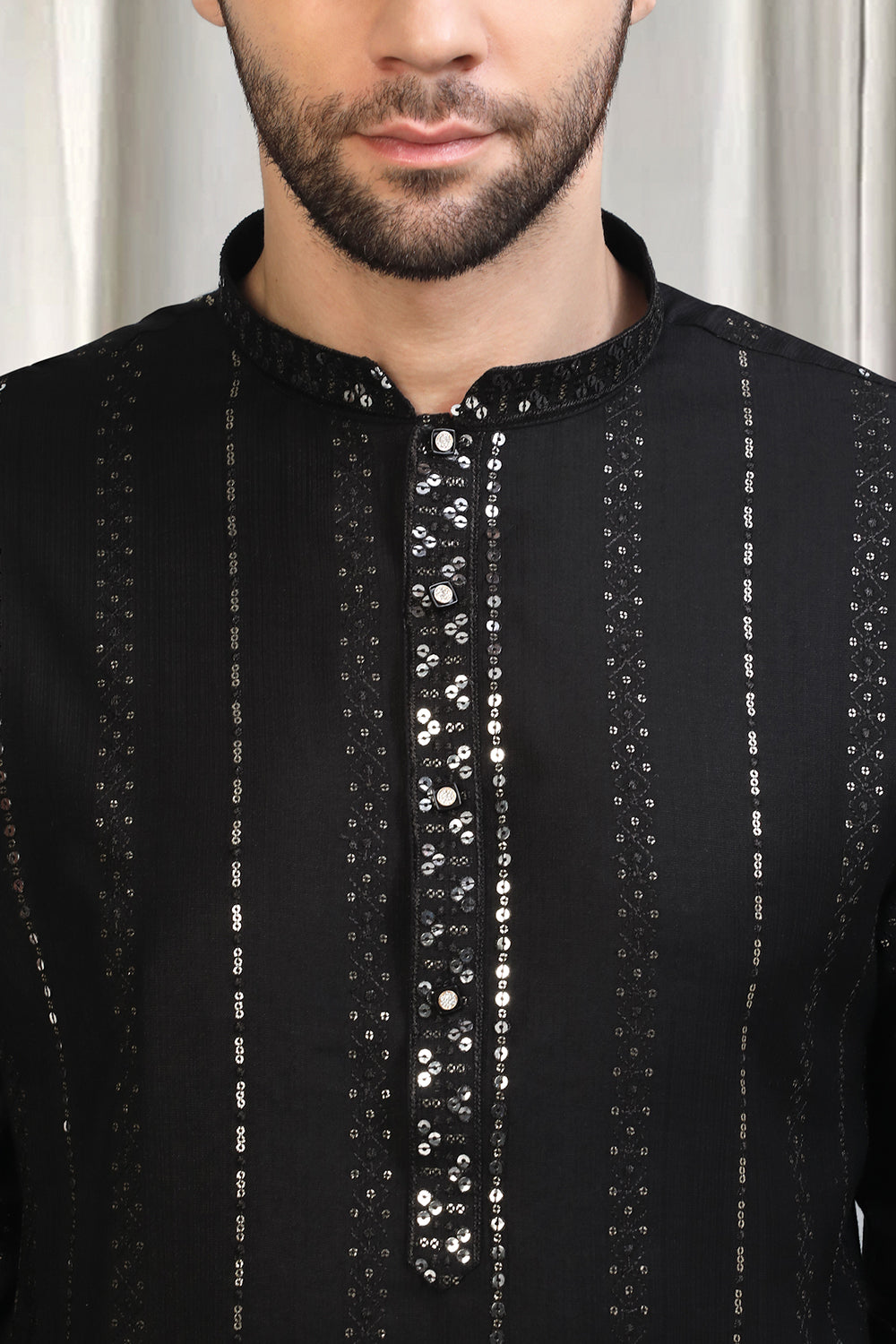 Black Silver  Stripe  Embroidered Kurta Set With Back Elastic Pants