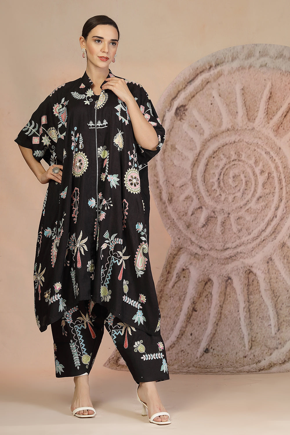 Black Slub Cotton 3-Piece Set with Harem Pants & Tribal Detailing